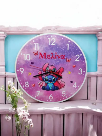 Ξύλινο ρολόι τοίχου Stitch και Angel